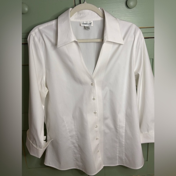Coldwater Creek Classic White Button-Down Shirt w Pointed Collar & Deep V-Neck - Picture 9 of 10